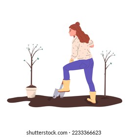 Woman digging ground soil with shovel. Girl planting trees. Green future. Environmental care concept. Vector illustration isolated on the white background