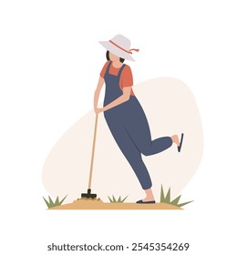 Mulher cavando solo com uma pá em um jardim. Ilustração vetorial