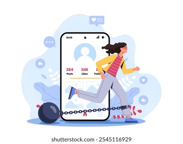 Mujer con adicción digital. Chica joven con peso en la pierna corre desde la pantalla del teléfono inteligente. Problemas mentales y psicológicos. Persona con adicción a las redes sociales. Ilustración vectorial plana