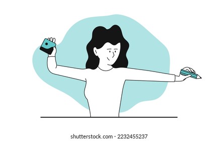 Woman digital artist vector concept illustration. Creative designer and character drawing creativity. Illustrator in studio and freelance artistic profession. Female worker and picture artwork