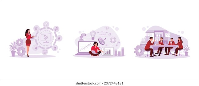 Woman with digital marketing icon. Analyze marketing plans. Business people were having a meeting and working together. Marketing Digital Technologies concept. 