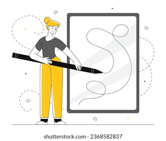 Woman with digital pen line concept. Young girl with pencil near digital tablet. Minimalistic creativity and art with lines. Graphic designer and freelancer. Linear flat vector illustration