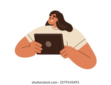 Woman with digital tablet computer in hands. Happy young female character holding pad device, gadget. Smiling excited student using technology. Flat vector illustration isolated on white background