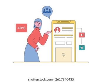 Woman with digital technology via phone, communication. Character design. Vector flat illustration