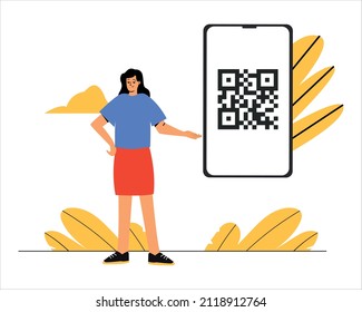 A Woman With A Digital Vaccine Certificate Qr Code. Access By QR Code. Payment By Code