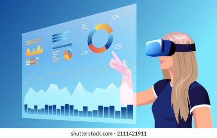 Woman in digital, virtual reality glasses touch business chart researching diagrams simulation. Education, gaming in vr, ar concept. Metaverse. Innovative technology background. Vector illustration