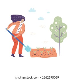 A woman digs a shovel ground in a garden in a red jumpsuit vector illustration