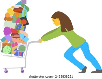 Mujer con diligencia empuja la cesta de la compra llena sobrecargada de comida a la caja registradora. Ilustración vectorial: la prosperidad y el poder adquisitivo de una mujer moderna presuponen la frugalidad y la previsión de todos