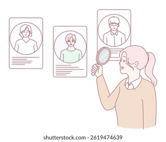 A woman diligently inspecting various profiles using a magnifying glass, highlighting her careful selection process