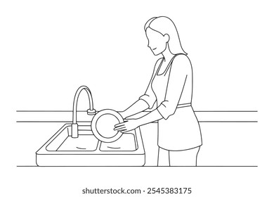 
Woman diligently washes dishes in a bright, well-organized kitchen, showcasing her commitment to cleanliness isolated continuous line art flat vector illustration on white background.