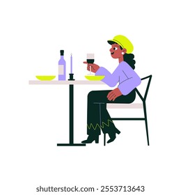 Woman Dining Alone At Table In Flat Vector Illustration Symbolizing Solitude, Elegance, And Fine Dining, Isolated On White Background.