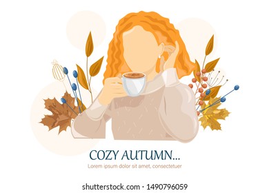 Woman dinking coffee autumn Vector flat style character. Beauty lifestyle portrait illustration