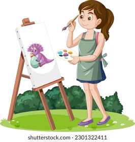 Woman dinosaur painting at the garden illustration