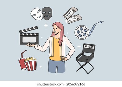 Woman director of movie production holding film clapper. Vector concept illustration with movie elements. Production director chair with cinema tickets.