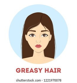 Woman with dirty greasy hair. Oily head. Problem with hair. Upset girl. Idea of beauty and treatment. Isolated vector illustration