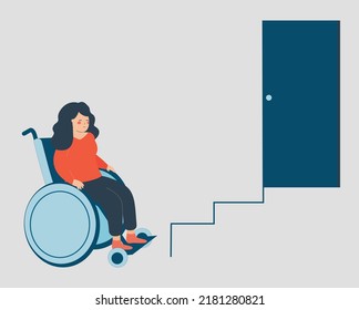 Woman with disability can't climb the stairs without a ramp. Teenage female uses a wheelchair and has mobility problems. Concept of inaccessibility of urban infrastructure for people using wheel chair