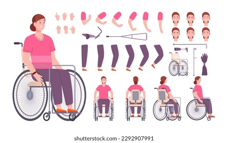 Frau mit Behindertenkonstruktor. Frauentrickfigur mit Behindertenanimation, Mädchen im Rollstuhl, Kruschkörper-Posen-Schöpfungskit, visuelle Avatar-Gesicht des Benutzers, Vektorgrafik von Frau Rollstuhl