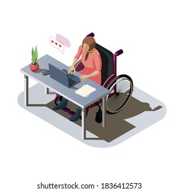 Woman With Disability At Desk Working On A Computer. Invalid Lady With Injury In A Wheelchair Doing Work Or Communicate Online. Handicapped Character At Workplace, Isometric Illustration.