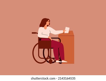 Woman with disability putting paper ballot into the box. Female person who uses the wheelchair is voting on election. Vector illustration