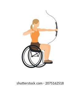 Woman With Disability Sitting On Wheelchair Shooting Bow. Isolated On White Background. Athlete Workout Sportswoman Limb Exercise Cartoon Flat Vector Illustration Eps 10.