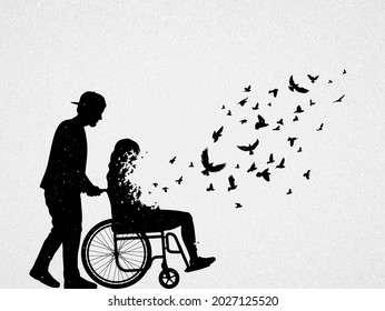 Woman with disability in wheelchair. Loving couple. Death, afterlife