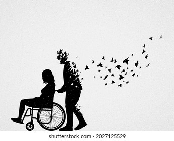 Woman with disability in wheelchair. Loving couple. Death, afterlife