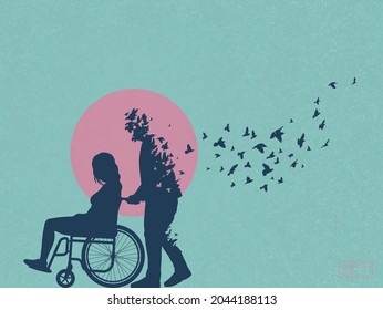 Woman with disability in wheelchair. Loving couple. Death, afterlife