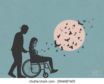 Woman with disability in wheelchair. Loving couple. Death, afterlife