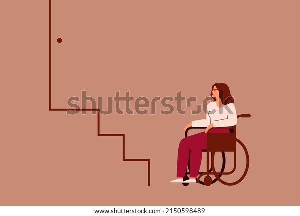 Woman with disability in the wheelchair\
stops near stairs. Female with mobility problem can\'t climb the\
stairs without ramp. Inaccessibility of urban infrastructure to\
persons who uses\
wheelchairs.