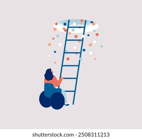 Woman with disability in the wheelchair wants to raised up the stairs. Female with disability can't climbs the ladder to success and dream. Vector illustration