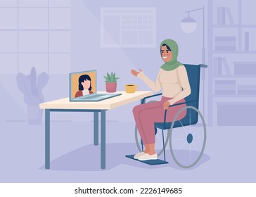 Mujer con discapacidad trabajando desde la ilustración vectorial de color plano del hogar. Videochat con un socio comercial. Trabajo remoto. Completamente editable interior de dibujos animados 2D simple con el lugar de trabajo en segundo plano