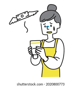 A woman disappointed by looking at her bankbook