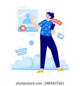 A woman with a disappointed face, Dislike and unfollow account on social media, Vector illustration