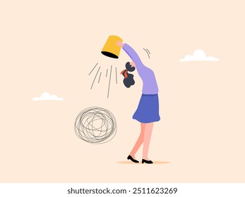 Woman discarding a tangled mess of problems