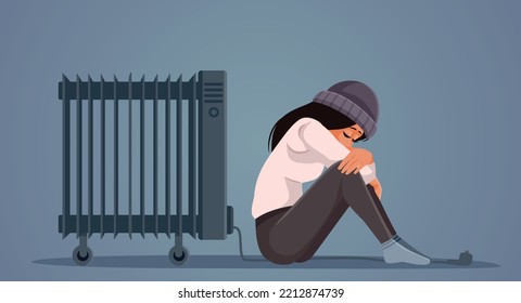 
Woman Disconnecting Electric Heat Suffering from Cold Vector Illustration. Unhappy person experiencing a power blackout because of energetic crisis in Europe
