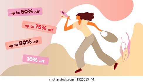 Woman with discount flyers in a hurry to shop. Vector flat illustration of female shopaholic character. Sale banner template design. Poster for big sale, special offer. Silhouette of a shopping girl.