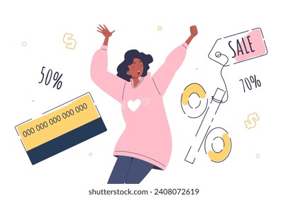 Woman with discounts doodle. Young girl with percentage sign and bank card. Electronic commerce and marketing, advertising. Sales and limited offer for client. Linear flat vector illustration