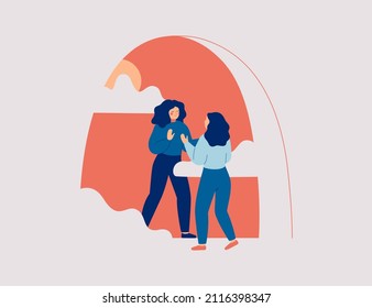 Woman Discovers Her Inner World And Searching New Perspectives And Inspiration For Good Life. Mindfulness And Self Psychoanalysis For Health Improvement. Vector Illustration
