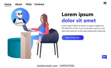 woman discussing with chatbot robot artificial intelligence technology concept full length horizontal