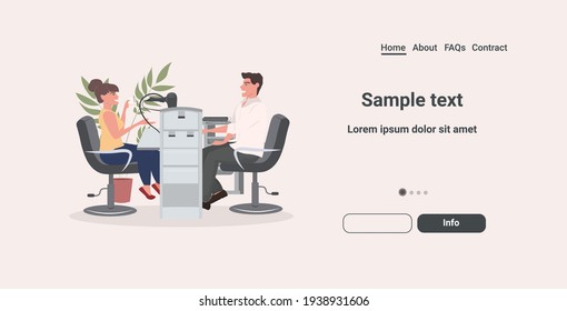 woman discussing with man during meeting nail care workplace beauty salon copy space horizontal full length copy space