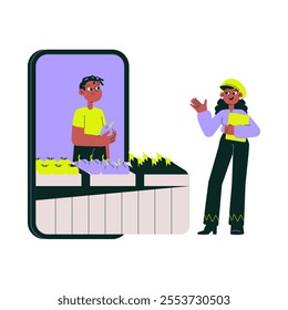 Woman Discussing Produce Selection With Male Vendor On Digital Marketplace Screen In Flat Vector Illustration Symbolizing Online Market Interaction, Isolated On White Background