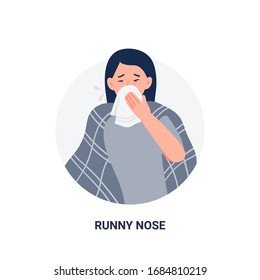 Woman with disease symptom - runny nose. Influenza illness signs. Flat cartoon vector illustration isolated on white background.