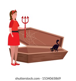 woman disguised devil with coffin and cat black vector illustration design