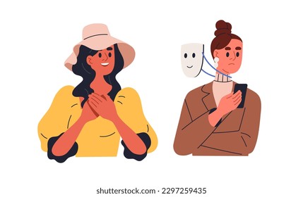 Woman disguised in fake hypocrite smiling mask, indifferent to person talk. Hiding indifference, pretending polite in communication. Flat graphic vector illustration isolated on white background