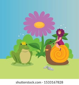 woman disguised flower with animals in scene fairytale vector illustration design