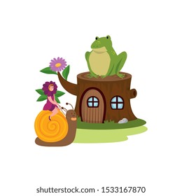 woman disguised of flower with tree house and toad vector illustration design