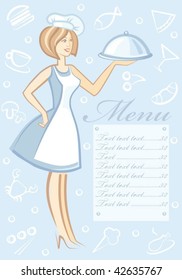 The woman with dish in hand represents menu