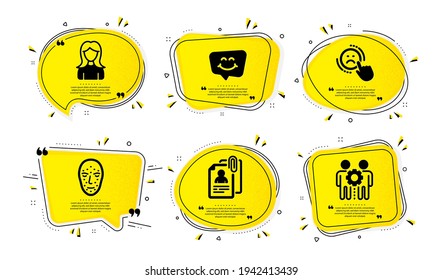 Woman, Dislike and Interview documents icons simple set. Yellow speech bubbles with dotwork effect. Face biometrics, Smile chat and Employees teamwork signs. Vector
