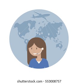Woman dispatcher on a background map of the world and flying airplane. Travel, air logistics and freight icon. Vector illustration flat design.