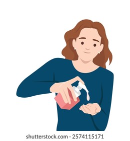 Woman dispensing hand sanitizer onto her palm, emphasizing hygiene and cleanliness. Flat vector illustration isolated on white background